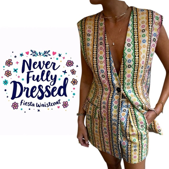 Never Fully Dressed Fiesta longline waistcoat blazer vest multicolor geo stripe - Picture 6 of 13